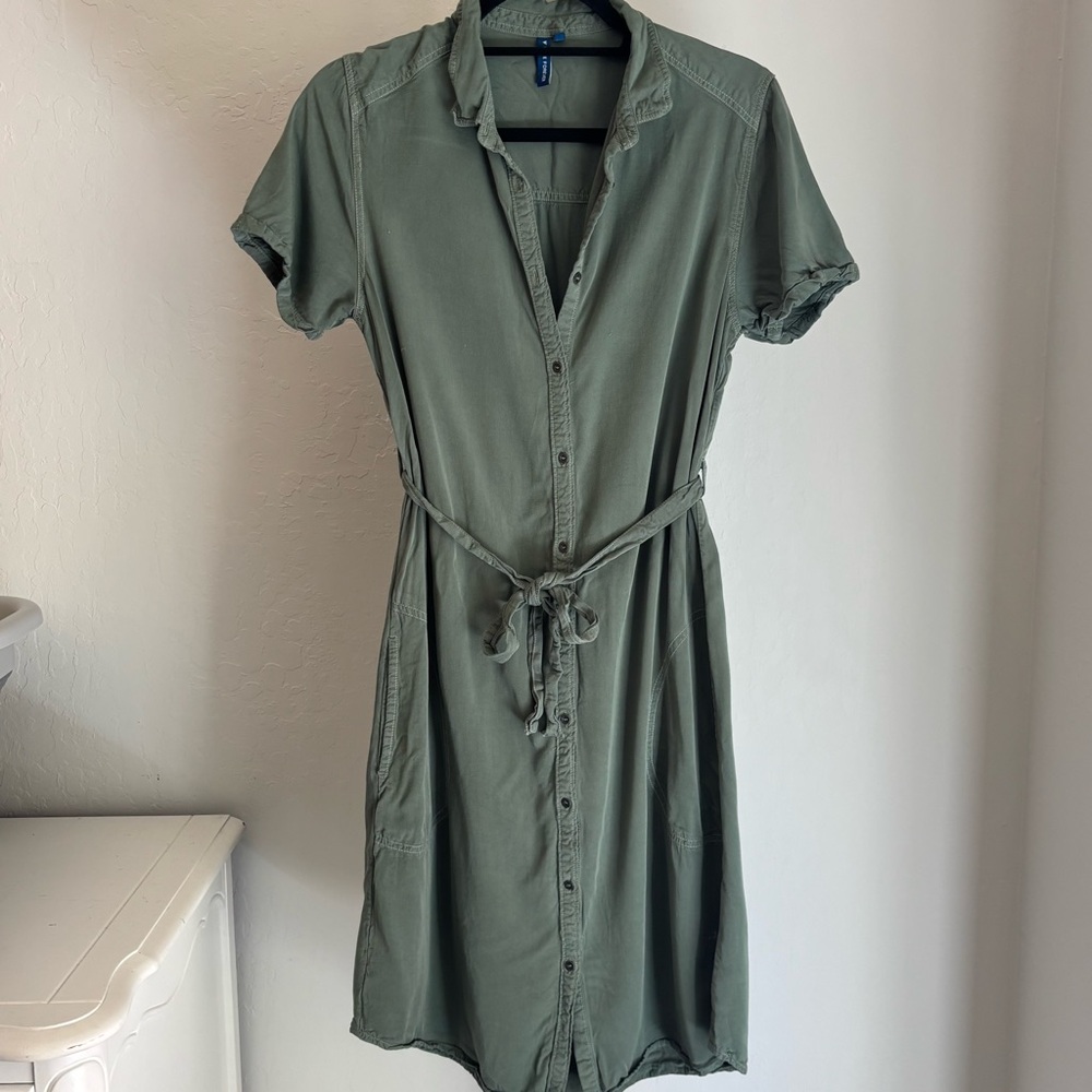 Button-Front Olive Green Midi Shirt Dress with Tie Belt